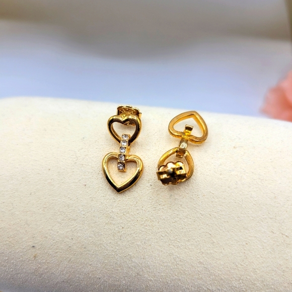 Retro Dainty Double Heart Earrings • Goldtone And Rhinestones • Pierced - Picture 4 of 4